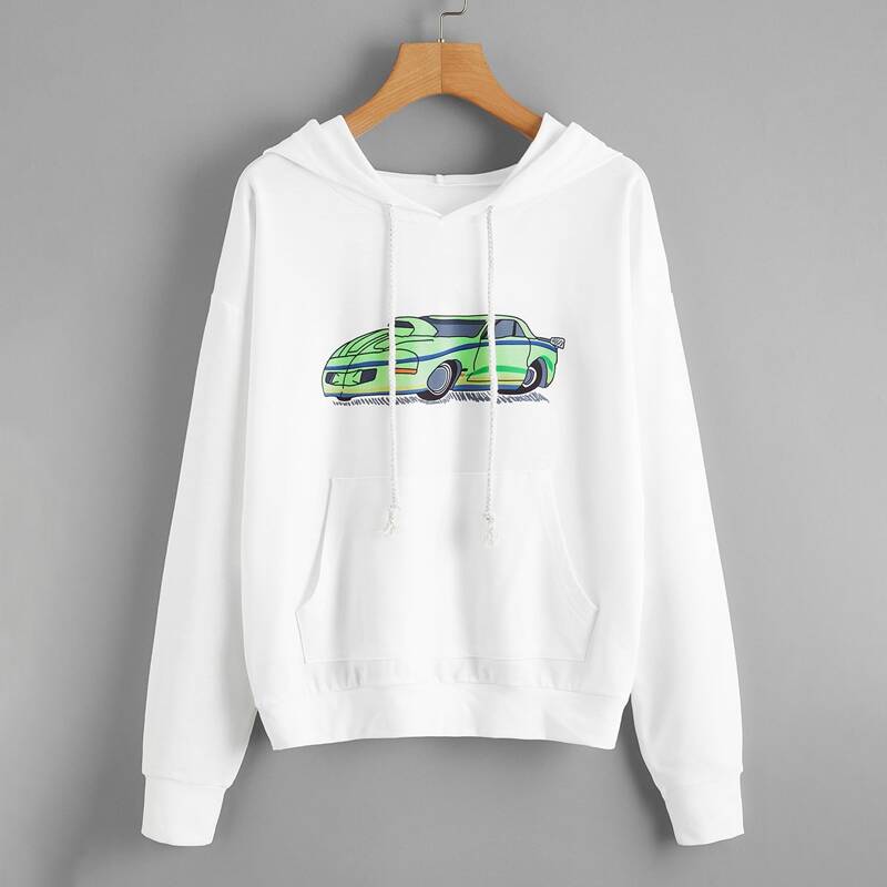 

Car Print Drop Shoulder Hooded Sweatshirt, White