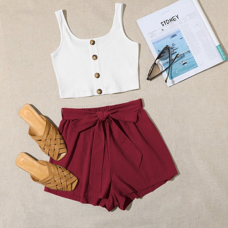 

Button Front Tank Top and Self Belted Shorts Set, Multicolor
