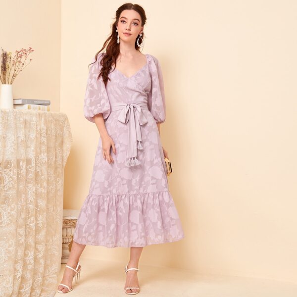 

Surplice Neck Lantern Sleeve Flounce Hem Tassel Self Belted Applique Dress, Pastel lilac purple