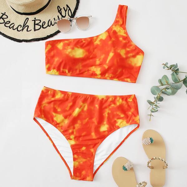 

Plus Tie Dye One Shoulder Bikini Swimsuit, Orange bright