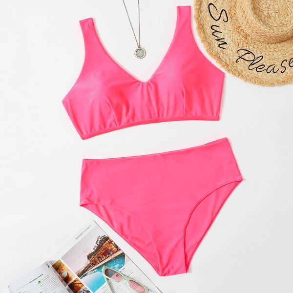 

Бикини размера плюс с высокой талией, Ярко-розовый яркий