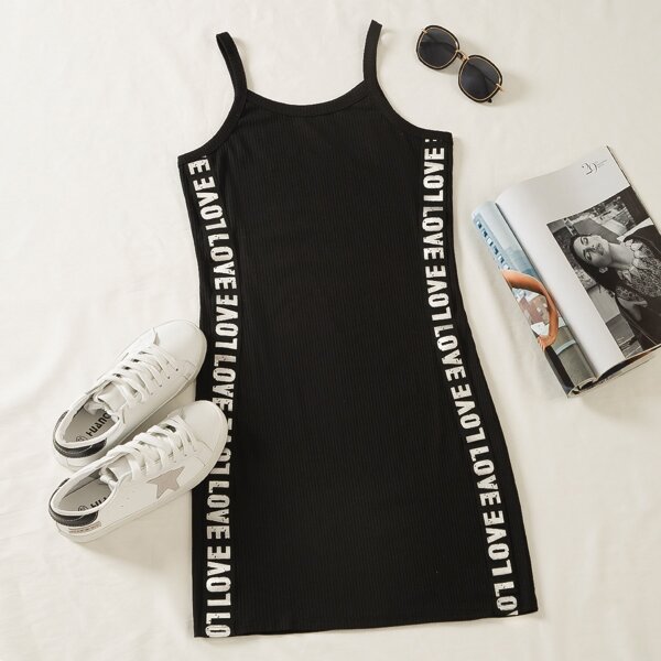 

Letter Tape Rib-knit Cami Dress, Black