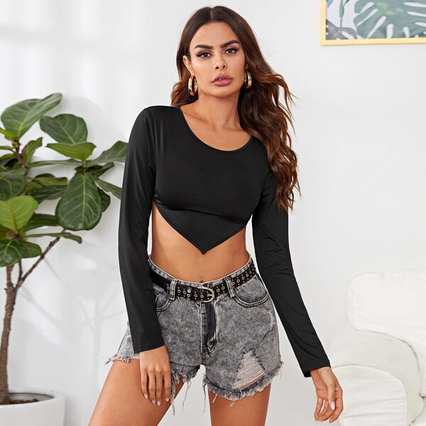 

Solid Tie Back Hanky Hem Tee, Black