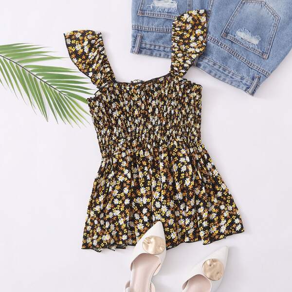 

Ditsy Floral Shirred Ruffle Hem Top, Multicolor