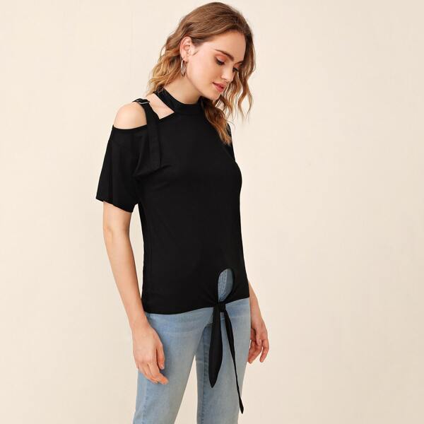 

Asymmetrical Neck Buckle Ribbon Knot Hem Tee, Black