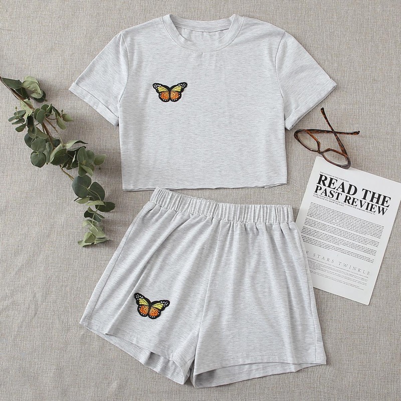 

Butterfly Embroidery Crop Tee & Shorts, Light grey