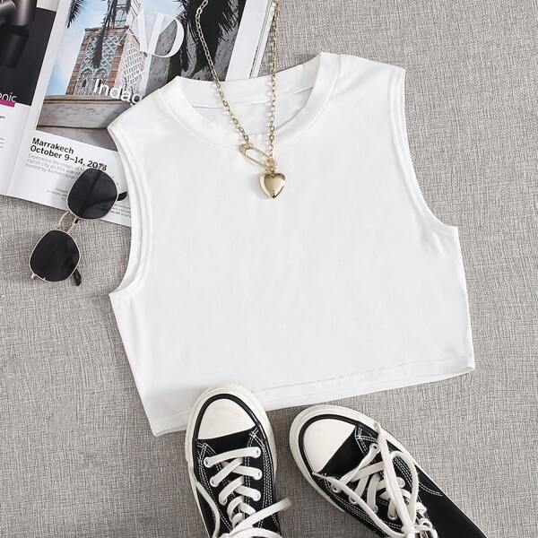 

Solid Crew Neck Crop Tank Top, White