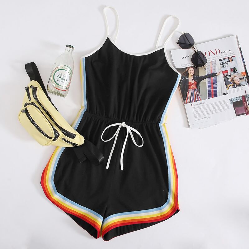 

Tie Front Rainbow Striped Side Cami Romper, Black