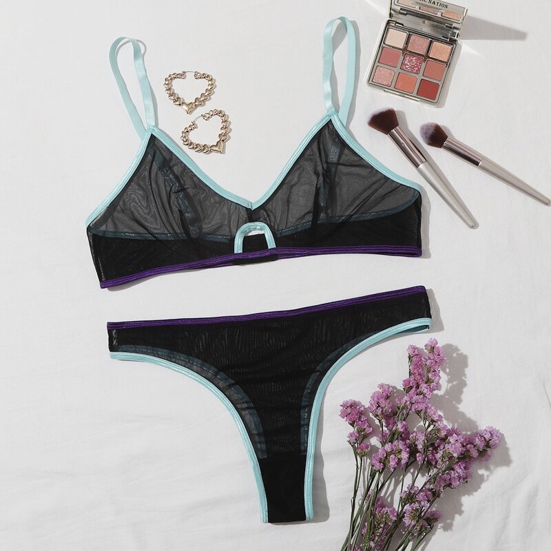 

Contrast Binding Mesh Thong Lingerie Set, Black