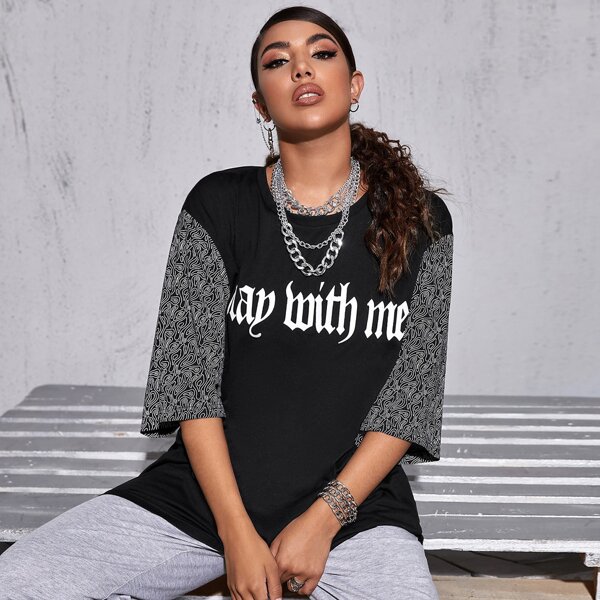 

Drop Shoulder Slogan Graphic Longline Tee, Black