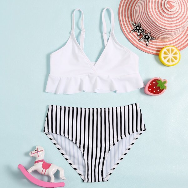 

Girls Striped Ruffle Hem Bikini Swimsuit, Black and white