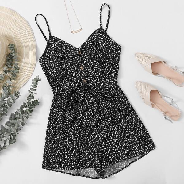

Ditsy Floral Print Button Front Self Belted Cami Romper, Black