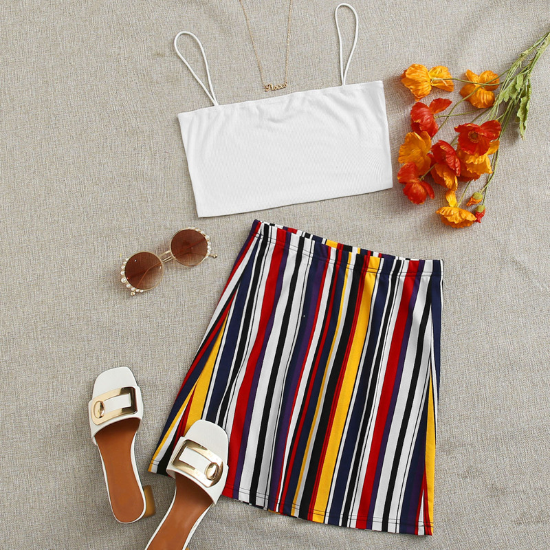 

Crop Cami Top & Striped Skirt Set, Multicolor