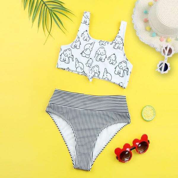 

Girls Elephant & Striped Knot Front Bikini Swimsuit, Black and white