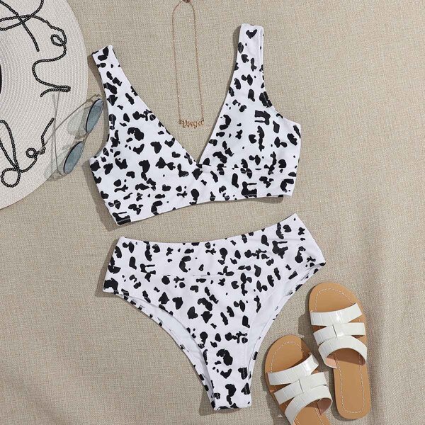 

Allover Print High Waisted Bikini Swimsuit, Black and white