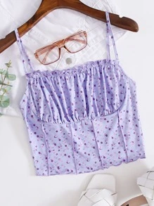 Soleia Ruched Bust Frill Trim Seam Front Cami Top - Lilac Purple - View 1