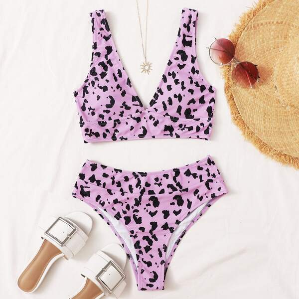 

Allover Print High Waisted Bikini Swimsuit, Pastel lilac purple