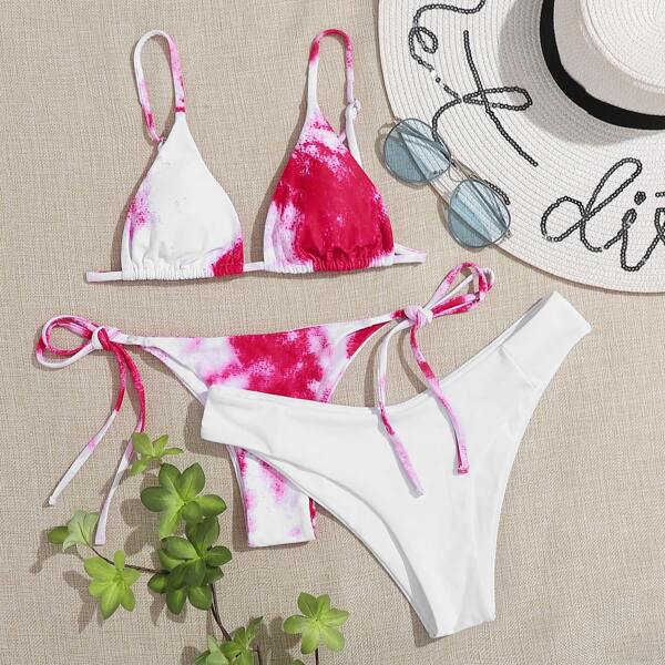 

3pack Triangle Tie Side Co-ord Bikini Swimsuit, Red and white
