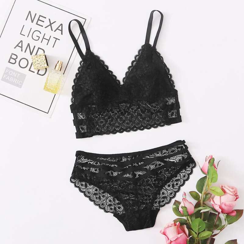 

Scallop Lace Ladder Cut-out Lingerie Set, Black