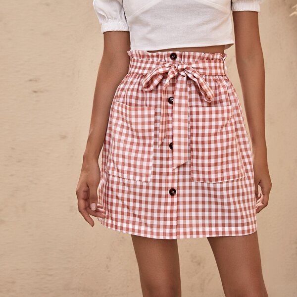 

Paper Bag Waist Button Front Belted Gingham Skirt, Multicolor