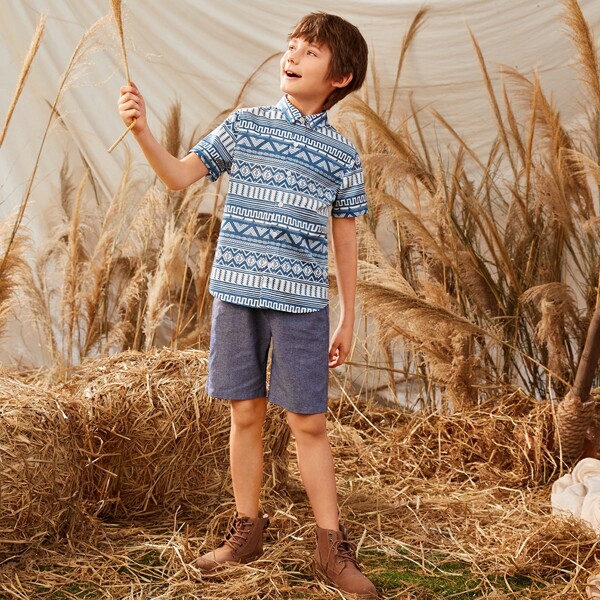 

Boys Tribal Print Shirt, Blue and white