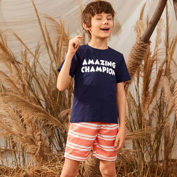

Boys Letter Graphic Tee and Striped Shorts Set, Multicolor