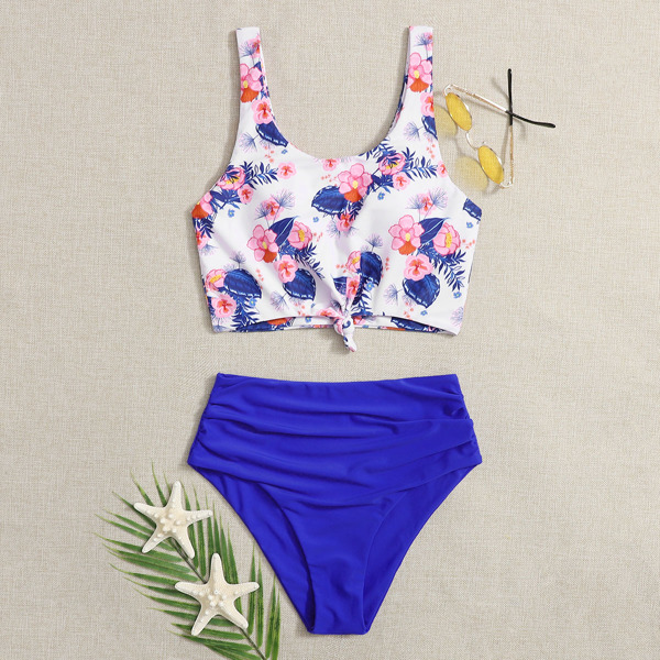

Floral Knot Hem Ruched Bikini Swimsuit, Multicolor