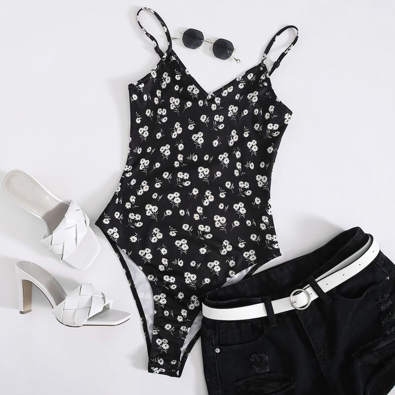 

Daisy Floral Print Cami Bodysuit, Black