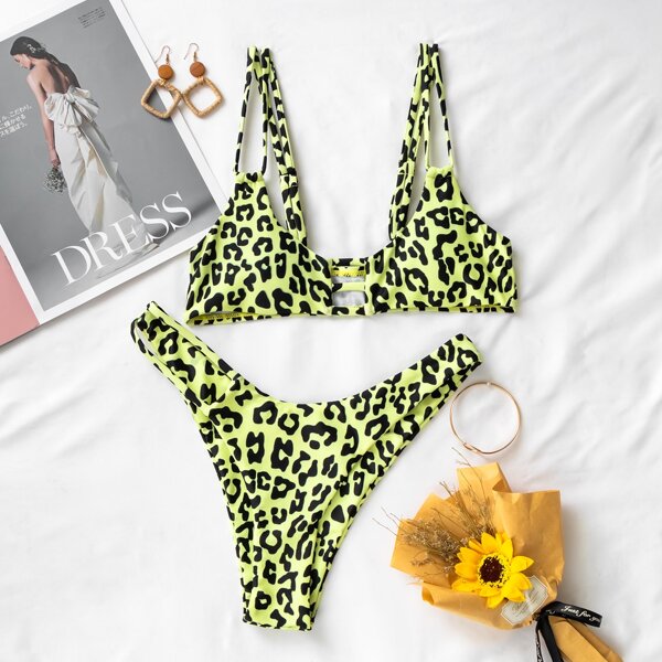 

Leopard Cut-out High Cut Bikini Swimsuit, Bright lime green