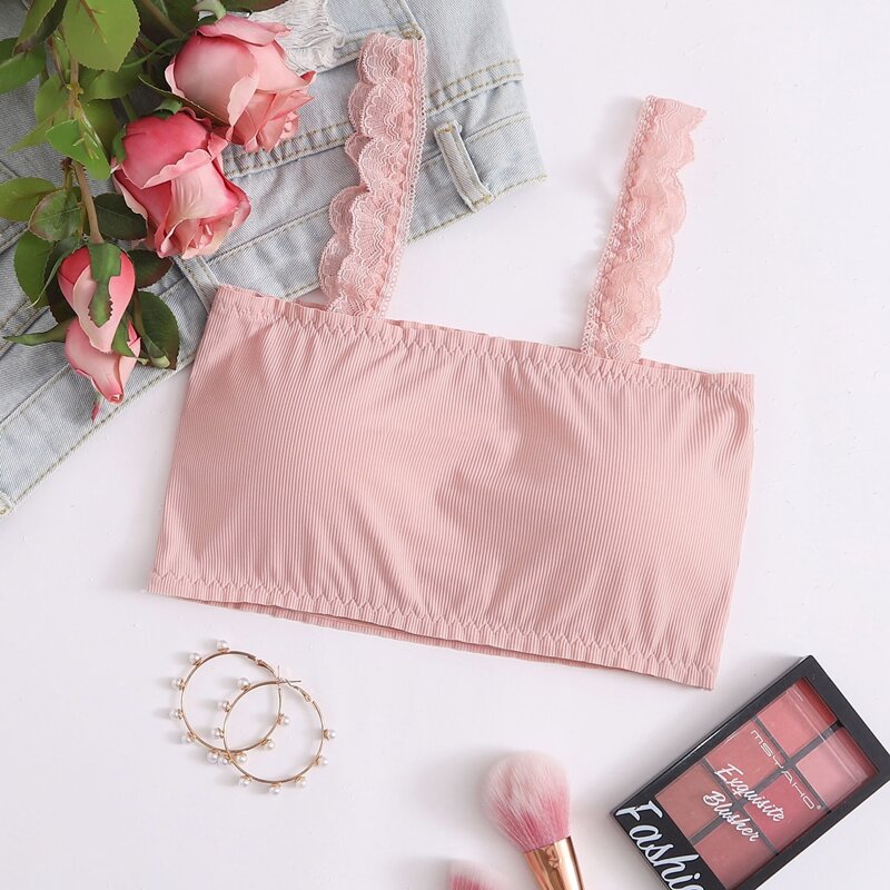 

Lace Strap Ribbed Bralette, Pastel baby pink