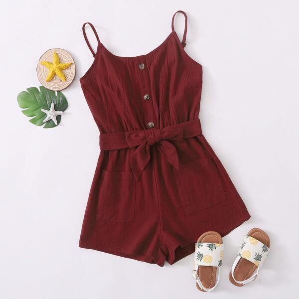 

Girls Button Front Pocket Patched Self Belted Cami Romper, Burgundy