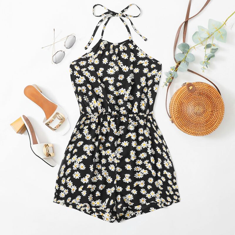 

Daisy Print Halter Romper, Multicolor
