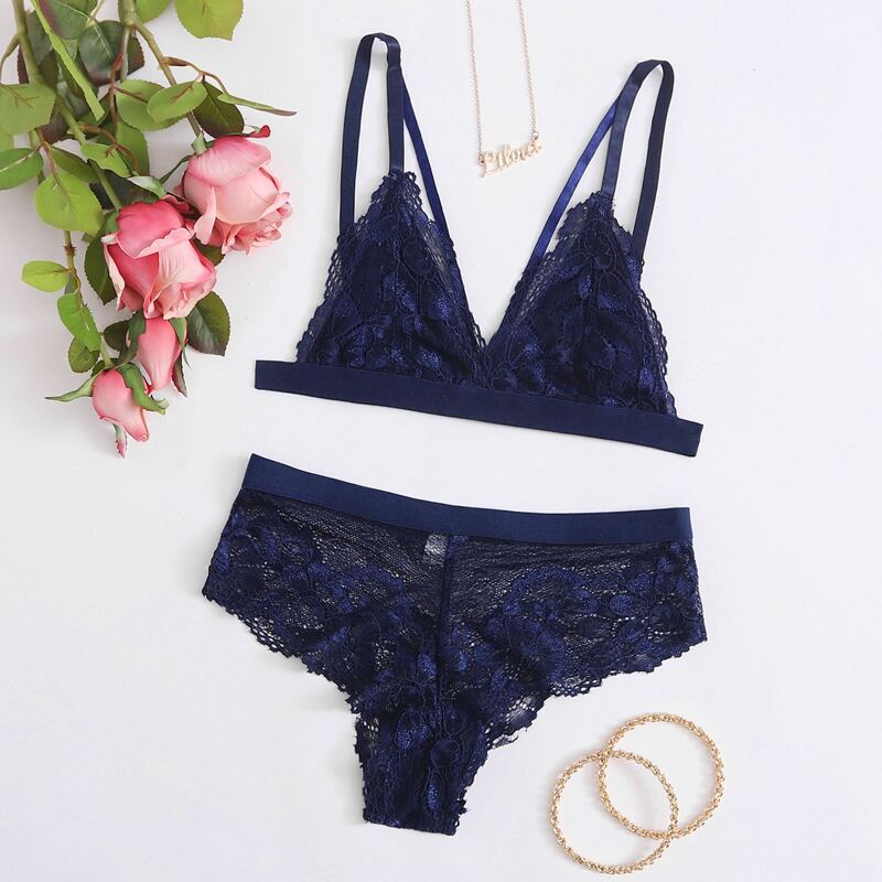

Floral Lace Triangle Lingerie Set, Navy blue
