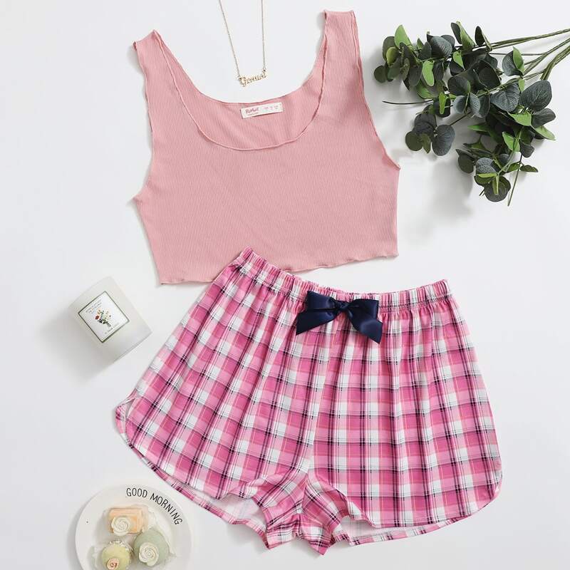 

Rib Tank Top & Plaid Shorts PJ Set, Pink