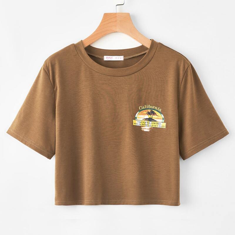

Tropical Print Crop Tee, Brown
