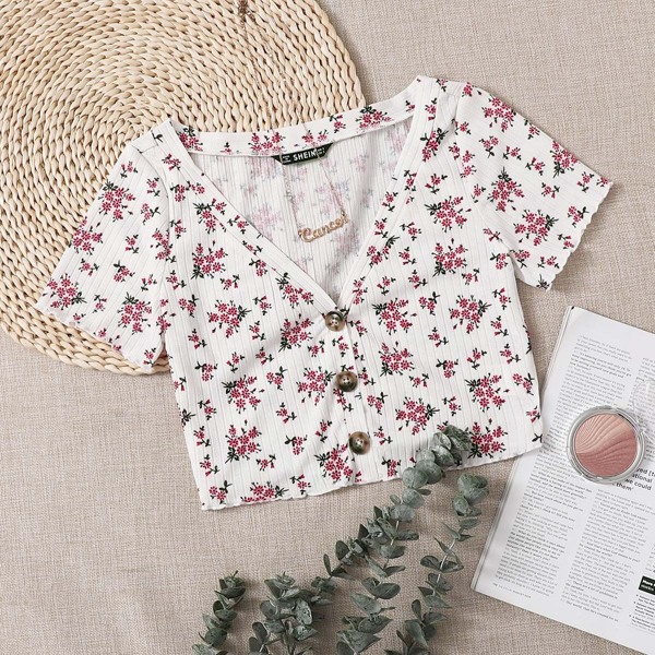 

Button Front Rib-knit Floral Tee, White