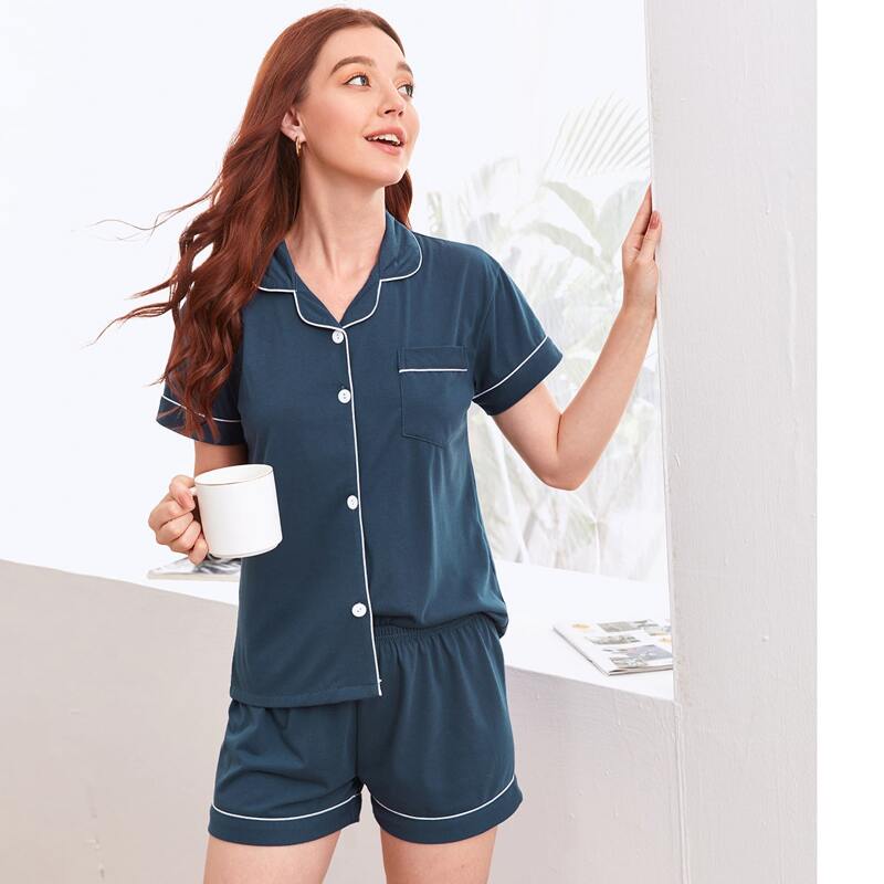 

Button Through Contrast Piping PJ Set, Teal blue