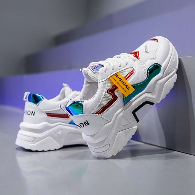 

Colorblock Lace-up Mesh Chunky Sneakers, White