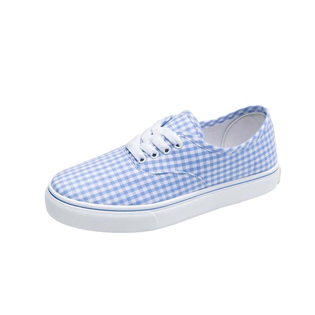 

Gingham Lace-up Canvas Sneakers, Blue and white