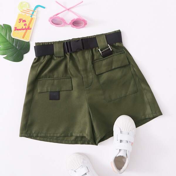 

Girls Buckle Belt Flap Pocket Shorts, Army green