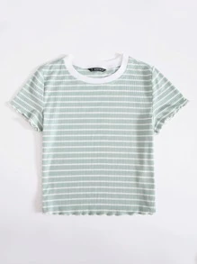 SHEIN EZwear 生菜边条纹 T 恤