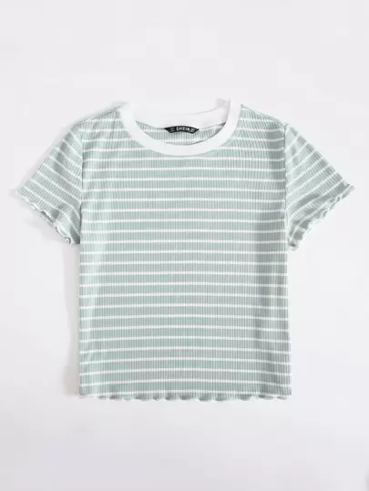 SHEIN EZwear 生菜边条纹 T 恤