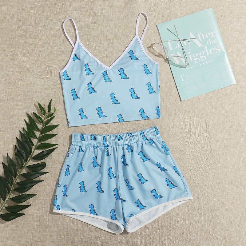 

Cartoon Dinosaur Crop Cami & Shorts, Baby blue