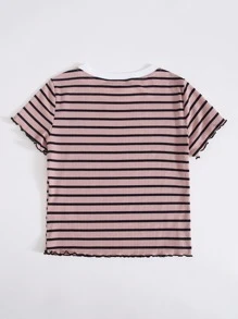 SHEIN EZwear 拼接領生菜邊條紋t恤 - 藕粉色 - 查看 2