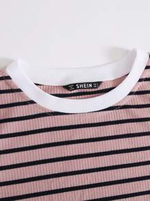 SHEIN EZwear 拼接領生菜邊條紋t恤 - 藕粉色 - 查看 4