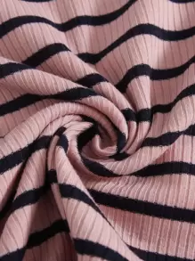 SHEIN EZwear 拼接領生菜邊條紋t恤 - 藕粉色 - 查看 5