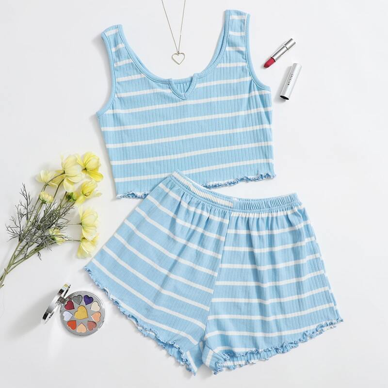 

Stripe Lettuce Trim Shorts PJ Set, Pastel baby blue