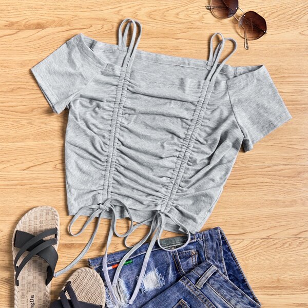 

Cold Shoulder Drawstring Detail Tee, Light grey