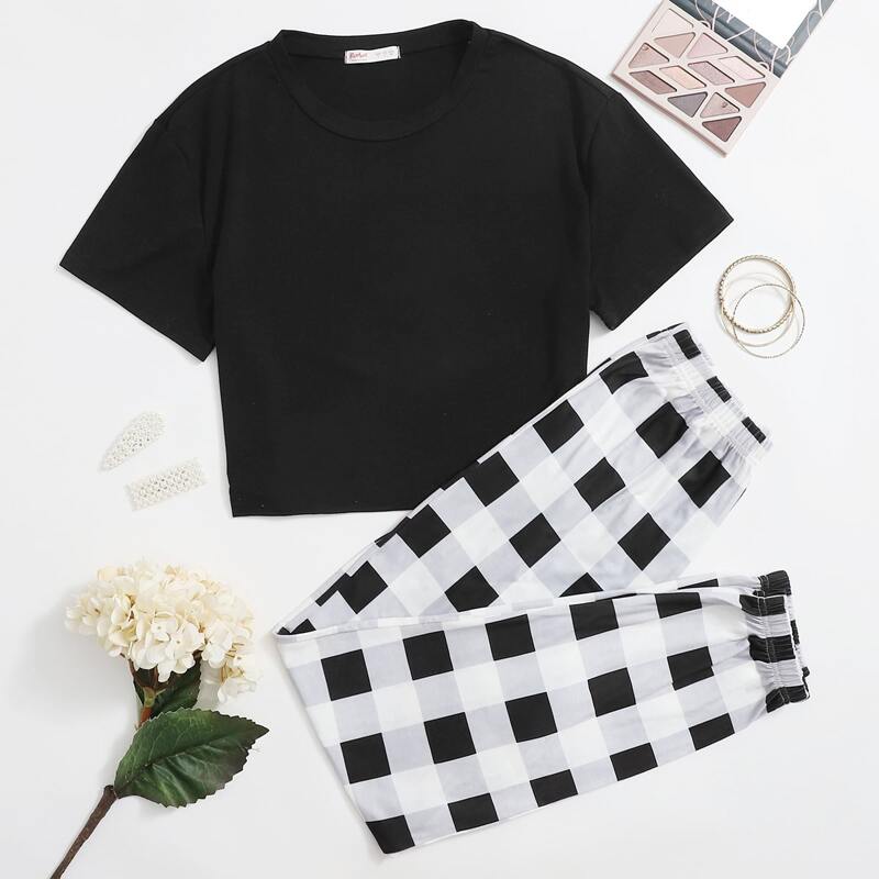 

Black Tee & Gingham Pants PJ Set, Multicolor