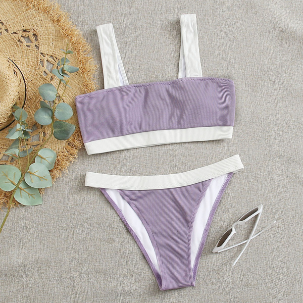

Rib Contrast Binding Thong Bikini Swimsuit, Mauve purple